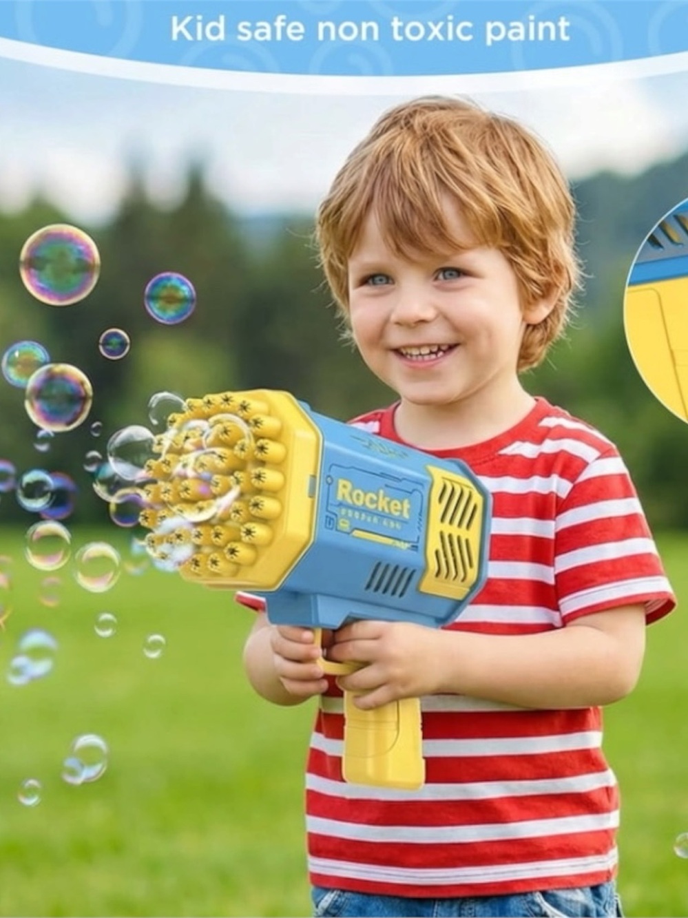 blue yellow handheld Rocket Bubble Gun toy sealed plastic with a yellow dip tray
